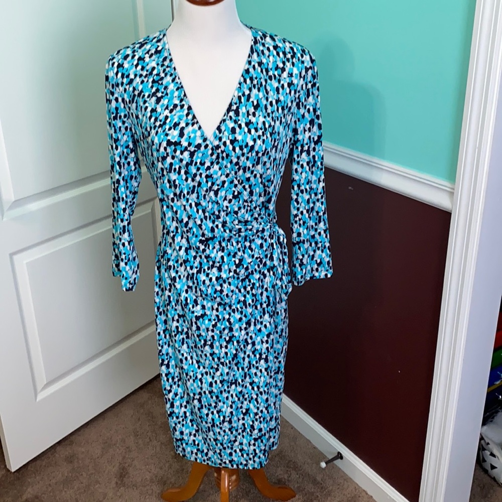 Blue leopard print faux wrap dress